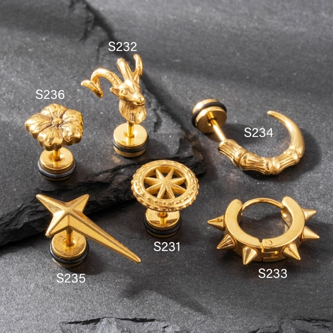 Punk Gold Plated Stainless Steel Stud Earrings Men Women Goth Ram Head Star Flower Cross Hip Hop Fashion Jewelry Accessory