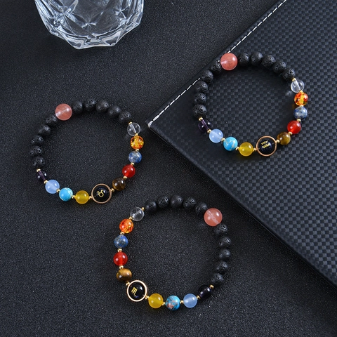 Zodiac Constellation Bracelet Natural Lava Stone Healing Gemstone Solar System Planets Beaded Jewelry Elastic For Men Women