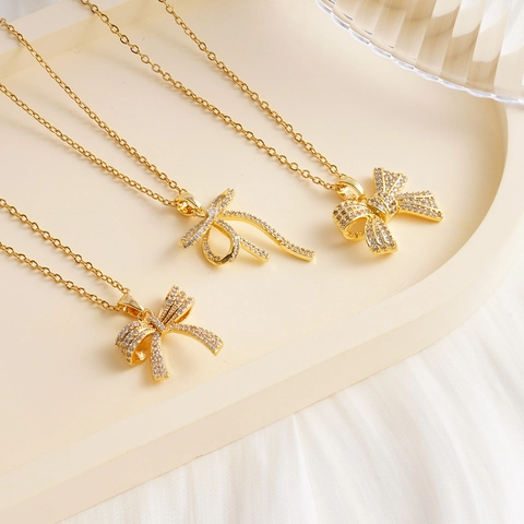 Collana con Pendente a Fiocco in Rame e Zirconia Retro Francese per Donna Girocollo a Nastro Oro Argento di Lusso Leggero Gioielli Regalo
