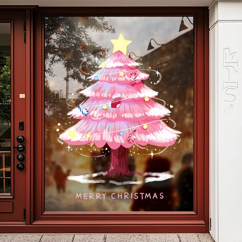 Christmas Tree Window Cling PVC Static Decal Pink Cartoon Illustration Glass Door Sticker Holiday Decor Merry Christmas