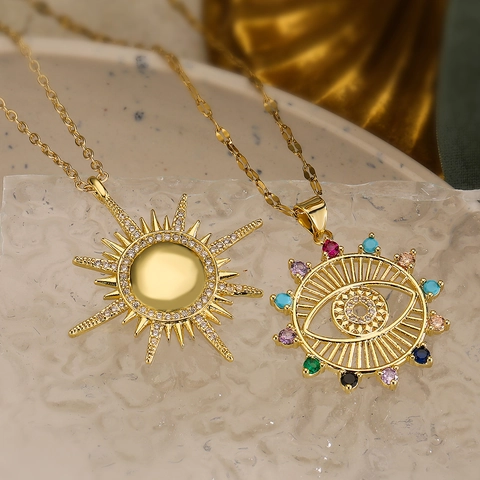 Sun Evil Eye Pendant Necklace Gold Plated Copper Colorful Zircon Hollow Clavicle Chain Jewelry For Women