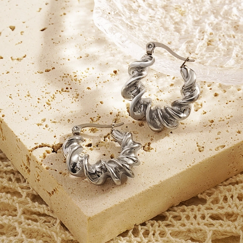 Vintage French Style Twisted Spiral Hoop Earrings For Women Stainless Steel Croissant Design Chunky Gold Silver Plated