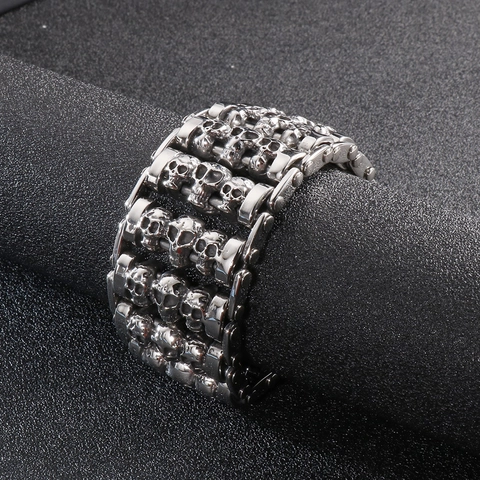 Stainless Steel Skull Head Bracelet Men Punk Gothic Wide Multi Row Link Chain Jewelry Hip Hop Heavy Metal Silver Tone