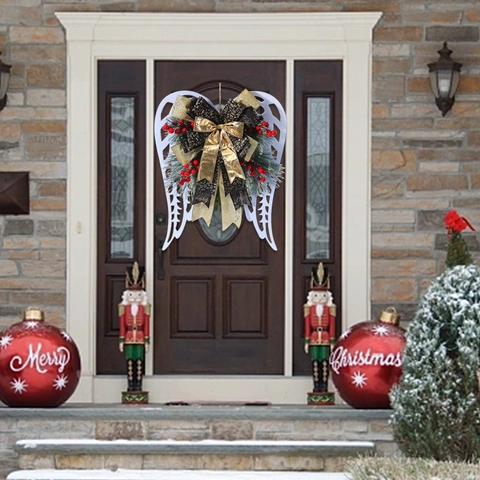 Corona Di Natale Design Ali D'angelo Con Fiocco In Raso Oro Leopardo Bacche Rosse Aghi Di Pino Decorazione Della Porta
