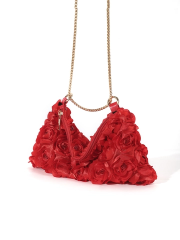 Three Dimensional Rose Flower Evening Bag Satin Floral Underarm Purse With Golden Metal Chain For Women Wedding Party Elegant
