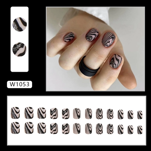 Unghie Finte Press On Opache Nero Motivo A Onde Glitter Argento Quadrato Arrotondato Corto