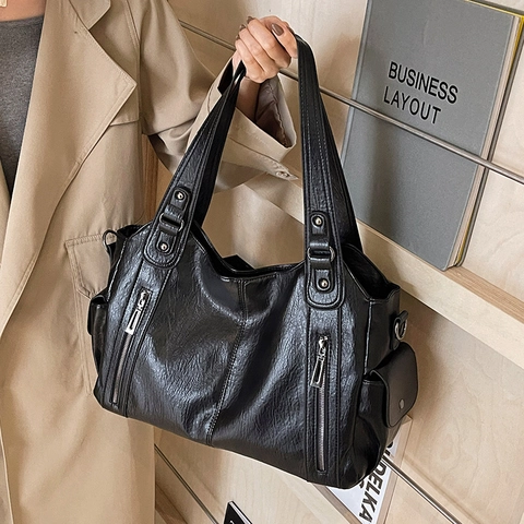Women Large Capacity Tote Bag Retro PU Leather Handbag Multi Pocket Shoulder Crossbody Purse Commuter