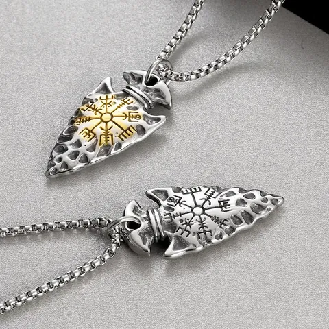 Men Wikinger Pfeilspitze Anhänger Halskette Edelstahl Vegvisir Kompass Rune Amulett Vintage Punk Nordic Schmuck