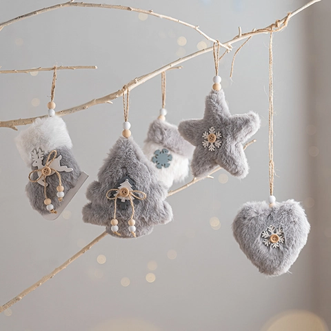Decorazioni Natalizie Da Appendere In Peluche Pelliccia Sintetica Grigio Bianco Stile Nordico Albero Stella Cuore Calza Guanto