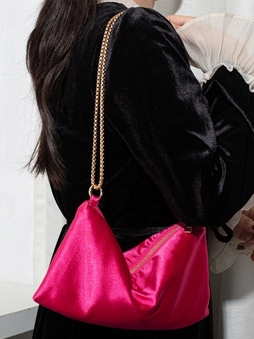 Women Satin Underarm Shoulder Bag With Gold Chain Strap Minimalist Niche Style Party Evening Solid Color Handbag