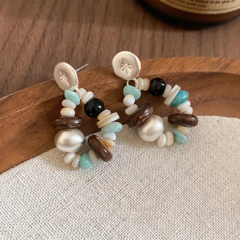 Pendientes De Aro Con Cuentas Bohemias Con Poste De Plata De Ley 925 Piedra Concha Madera Estrella Vintage Para Mujer