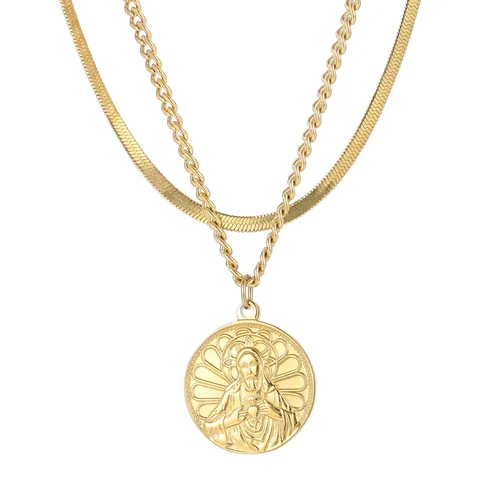 Collana Doppio Strato Acciaio Inossidabile Pendente Tondo Religioso Catena Serpente Stile Retrò Gioielli Di Moda Per Uomini Donne