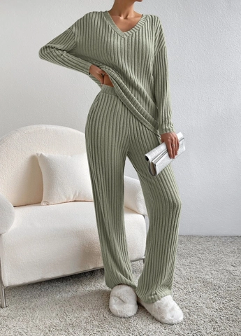 Women Casual V Neck Long Sleeve Ribbed Knit Top And Straight Pants Two Piece Set Loose Solid Color Elegant Loungewear