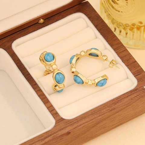 Vintage C-Shaped Stud Earrings Stainless Steel Enamel Drip Oil Geometric Faux Turquoise Artificial Pearl Zircon Jewelry For Women