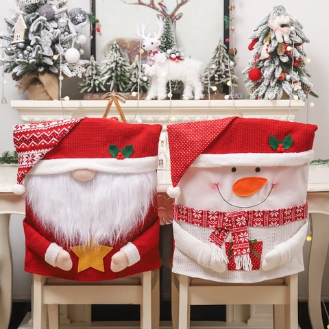 Kerst Stoelhoezen 3D Cartoon Kerstman Sneeuwpop Rendier Kabouter Gebreide Stof Eetkamerstoel Beschermers Voor Feestdagen Huis Decoratie