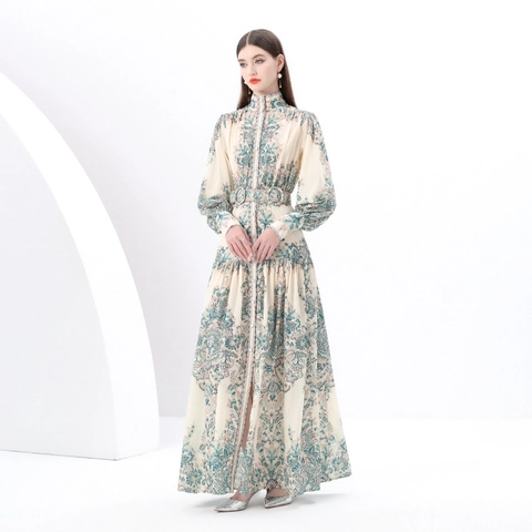 Vestito Lungo Maxi Con Stampa Paisley Da Donna Collo Alto Maniche A Lanterna Con Cintura In Poliestere
