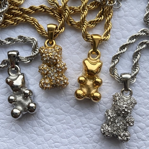 Collar Con Colgante De Oso Acero Inoxidable Chapado En Oro De 18K Cadena De Cuerda Estrás Para Mujeres Hombres