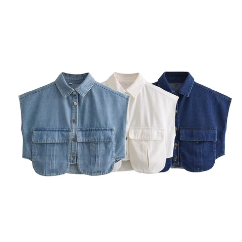 Women Sleeveless Denim Vest Cargo Top Button Down Pocket Solid Color Casual Fashion Blouse