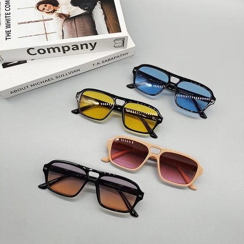 Lunettes De Soleil Pilote Vintage Double Pont Monture Carrée Surdimensionnée Protection UV400 Verres En Résine Unisexe
