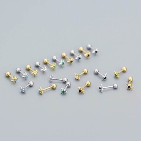 Eight Pointed Star Stud Earrings 925 Sterling Silver Colorful Zircon Turquoise Screw Ball Back Piercing Jewelry For Women