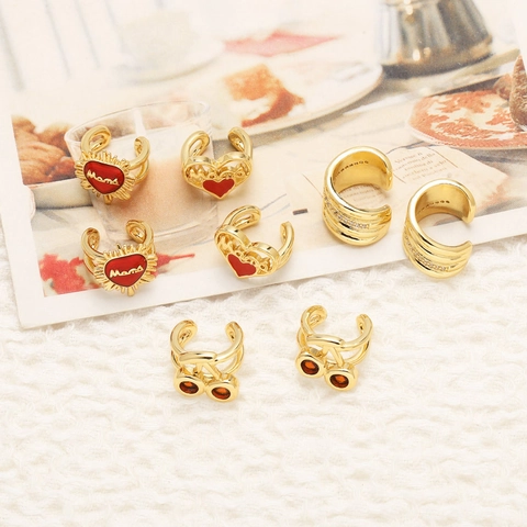 Mama Heart Cherry Ear Cuffs For Women Non Pierced 18k Gold Plated Brass With Zircon Enamel Fashion Jewelry