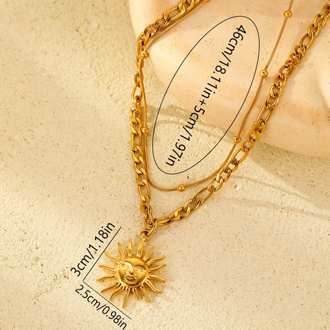 Sonnengott Gesicht Anhänger Halskette 18K Vergoldet Edelstahl Doppellagige Perlen Figaro Kette Retro Personalisierter Schmuck