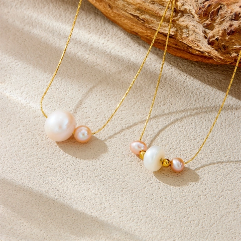 Stainless Steel Necklace Minimalist Irregular Pink White Artificial Pearl Pendant Gold Plated Chain Jewelry For Women