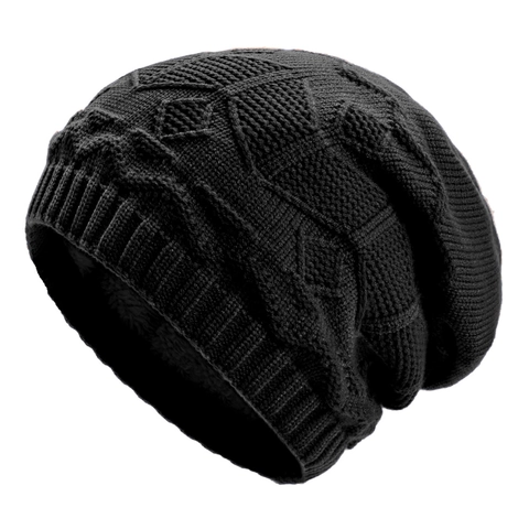 Bonnet En Tricot D'Hiver Acrylique Motif Losange Doublé Polaire Chaud Coupe-Vent Slouchy Accessoire Streetwear Unisexe
