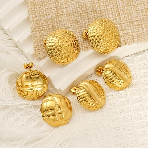 Vintage Geometric Stud Earrings 18K Gold Plated Stainless Steel Waterproof Hypoallergenic Relief Style Jewelry For Women