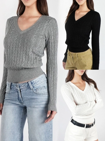 V Neck Cable Knit Sweater Long Sleeve Slim Fit Cotton Acrylic Blend Pullover For Women Solid Color