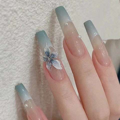 Uñas Postizas Largas Ataúd Degradado Azul Verde Estilo Francés 3D Flor Orquídea Pedrería Perla Artificial Uñas Artificiales