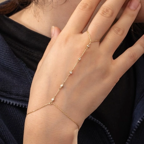 Finger Ring Hand Chain Bracelet 18K Gold Plated Stainless Steel Cubic Zirconia Inlaid Jewelry Women