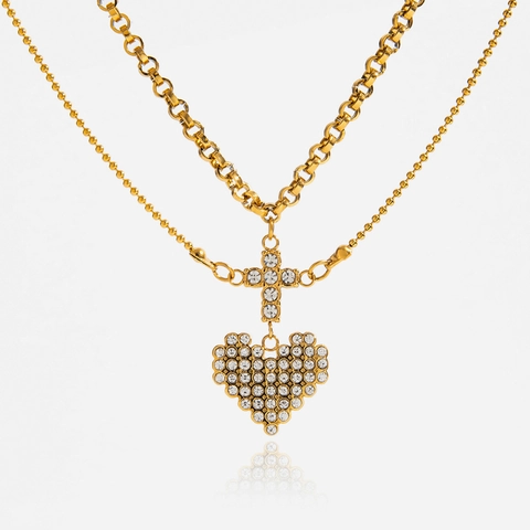 Collana Doppio Strato In Acciaio Inossidabile Placcato Oro 18K Ciondolo Cuore Croce Strass Gioielli Vintage Donna