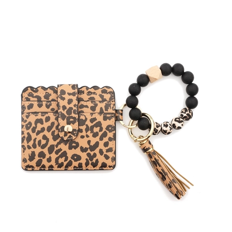 Leopard Print Silicone Bead Keychain Bracelet Wristlet With PU Leather Card Wallet Tassel Metal Key Ring For Women
