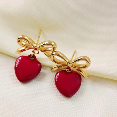 Franse Elegante 18K Vergulde Roestvrijstalen Hart Hanger Oorbellen Voor Dames Romantische Strik Ontwerp Sieraden Cadeau