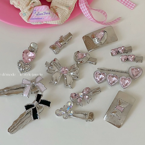 Pink Rhinestone Hair Clips Alloy Crystal Side Pins Heart Star Bow Shapes Sweet Fashion Accessories For Women Girls