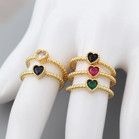 Heart Gemstone Ring Copper 18K Gold Plated Cubic Zirconia Beaded Band Adjustable Open Ring Fashion Jewelry For Women
