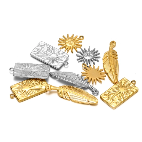 Colgantes De Acero Inoxidable Charms De Cara De Sol Pluma Rectángulo Para Hacer Joyas DIY Collares Pulseras Chapado En Oro 18K