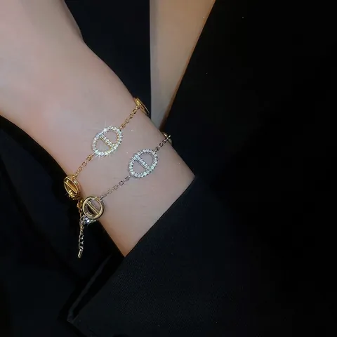 Elegant Schakelarmband Voor Dames Koper Met Zirkonia-Inleg Echt Verguld Verstelbare Ketting Mode-Sieraden