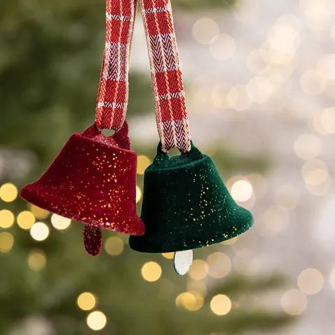 Campane per Albero di Natale Fioccate Con Nastro a Quadri Tradizionali Ornamenti in Ferro da Appendere per Casa Natale