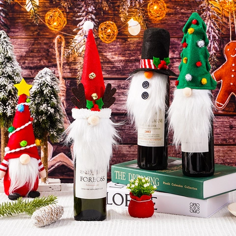 Christmas Wine Bottle Cover Gnome Reindeer Top Hat Christmas Tree Faceless Doll Wine Bottle Bag Xmas Party Table Decor