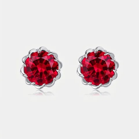Pendientes De Botón Con Forma De Flor Con Rubí Cultivado Zirconia Blanca Y Poste De Oreja De Plata De Ley 925