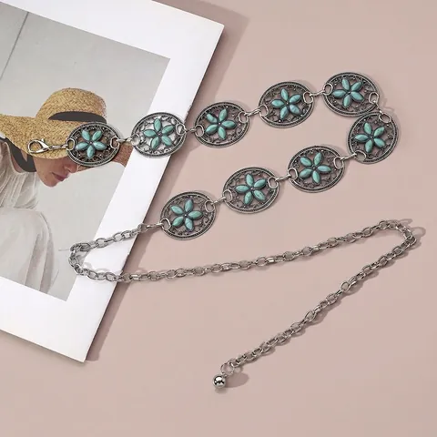 Cintura A Catena In Vita Bohemienne Da Donna Fiore Intagliato Cavo Lega Zinco Turchese Sintetico Vintage Etnico Gioielli Corpo