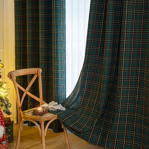 Tende Scozzesi Di Natale Poliestere Blackout Tendaggi Per Finestre Con Pom-pom Decorazione Natalizia Soggiorno Stile Retro Americano