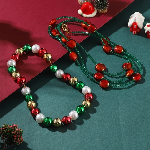 Christmas Beaded Necklace With Red Green Gold White Beads For Women Retro Palace Style Holiday Jewelry