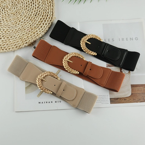 Women Wide Corset Belt Elastic Waist Cincher With Gold Twisted Buckle Retro PU Leather Stretchy Waistband For Dresses
