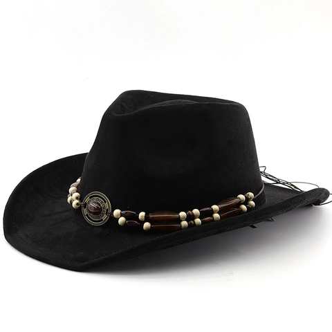 Cappello Da Cowboy Western Finta Pelle Scamosciata Feltro Tesa Larga Vintage Fascia Di Perline Gemma Etnico Retro Sole