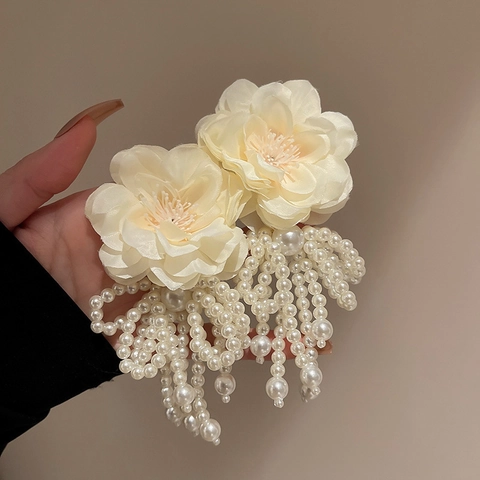 Elegant Fabric Flower Tassel Earrings With Imitation Artificial Pearl And Silver Earring Post Elegant Jewelry For Women