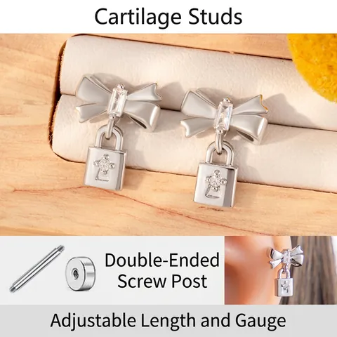 Titanium Steel Bowknot Lock Pendant Cartilage Stud Earrings With Zircon Double Head Screw Back Piercing Jewelry For Women