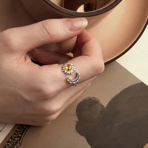 Anillo Abierto De Sol Y Luna De Plata Esterlina 925 Para Mujer Vidrio Amarillo Circonita Azul Blanco Ajustable Elegante